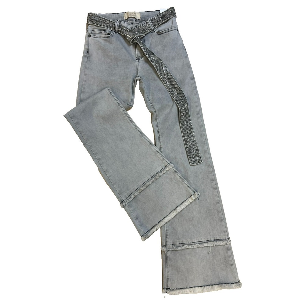 KAOS Denim‎ Flare Leg Gray Denim Jeans Fray Hems Paillettes Sash Belt SZ 26/2